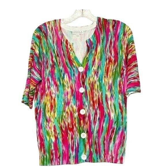 JOSEPH A short sleeve Button Front cardigan tropical pink green sz m - Picture 1 of 9